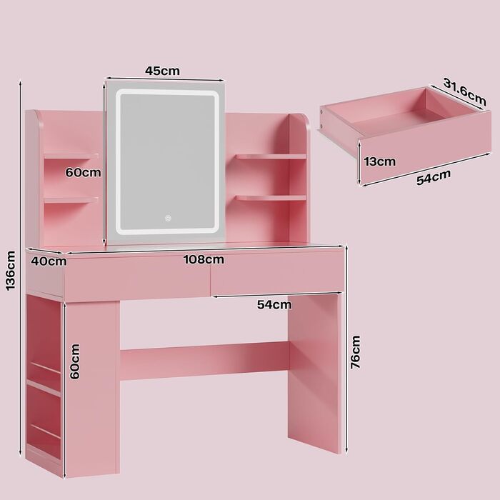 Трюмо Airfish з підсвічуванням 108x40 см: туалетний столик з дзеркалом, полицями, 2 шухлядами, регульоване освітлення, для спальні/вітальні (білий/рожевий)