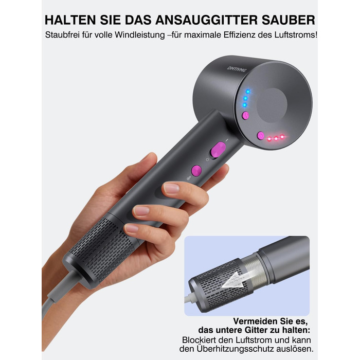 Іонний фен для волосся з високошвидкісним безщітковим двигуном 160 000 об/хв, 500 млн негативних іонів, 12 режимів, магнітна насадка, низький рівень шуму