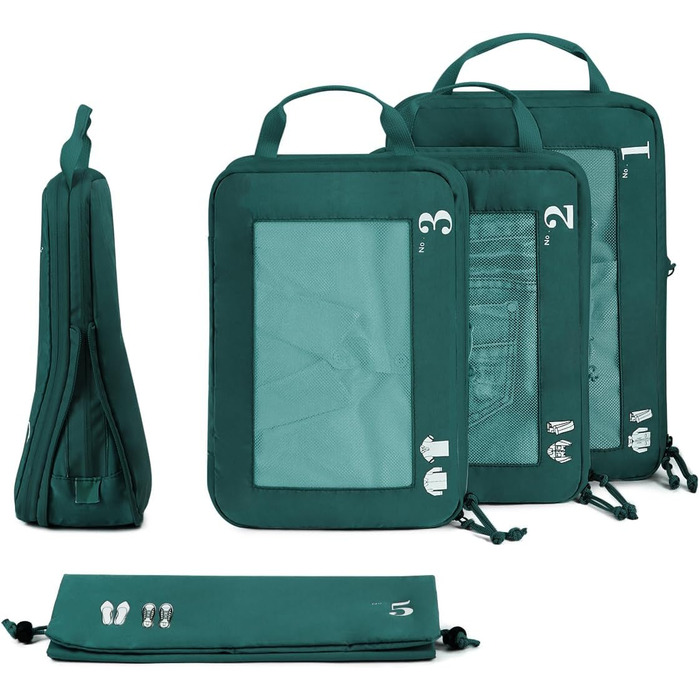 Набір компресійних органайзерів для подорожей ECOHUB, 5 предметів, для валізи та рюкзака, темно-зелений
