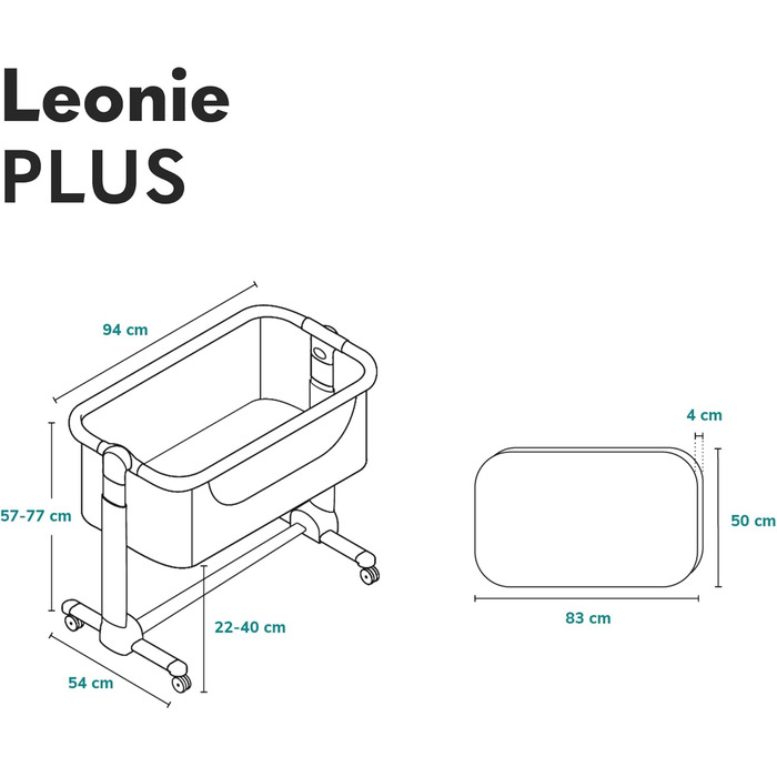Дитяче ліжко Lionelo Leonie Plus 3 в 1 (ліжко, приліжкова колиска, гойдалка) сірого кольору, до 9 кг, з регулюванням висоти, повітряні стінки, знімною бічною панеллю, коліщатка з гальмом, великий кошик