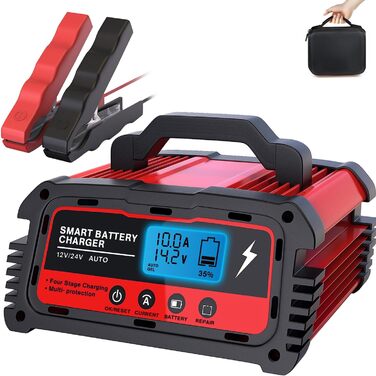 Зарядний пристрій для акумулятора 12V/24V LEICESTERCN - Автомобільний, мотоциклетний, з LCD, 5/10/25A, 6-ступінчастий, з багаторазовим захистом