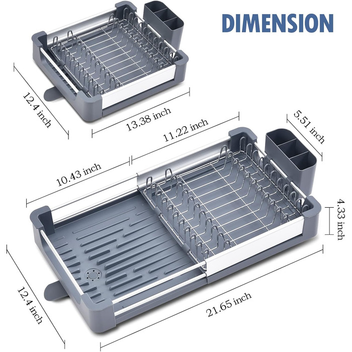 Розширюваний сушарка Urackify, складна сушарка для посуду з нержавіючої сталі з тримачем для столових приборів, темно-сірий