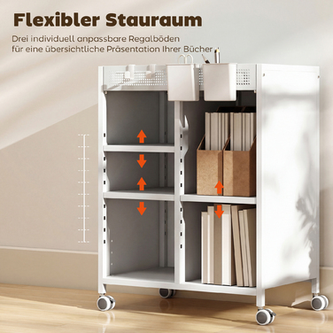 Мобильна полиця для книг на коліщатках, 4 яруси, регульовані полиці та підвісні кошики для домашнього офісу та вітальні, білий