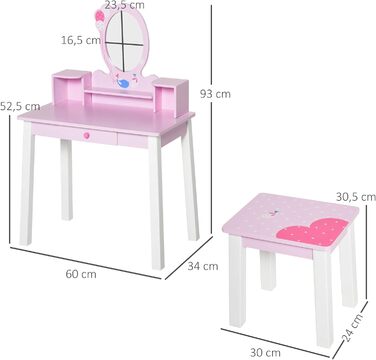 Туалетний столик дитячий HOMCOM з табуреткою, дзеркало, ящик, рожевий, 60x34x93 см