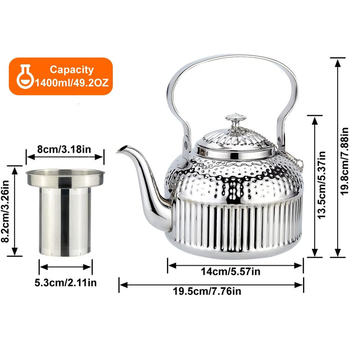 Чайник з нержавіючої сталі sanqiahome об'ємом 1,4 літра з фільтруючою вставкою, з ручкою для просіювання чаю, індукційний (срібло, 1400 мл)