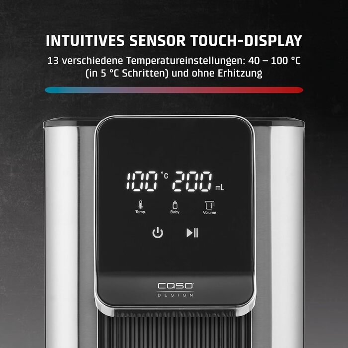 Диспенсер гарячої води CASO HW 630: 2600W, 40-100°C, 7 режимів дозування, 2.5л бак, фільтр, захист від накипу, дитячий режим, нержавіюча сталь