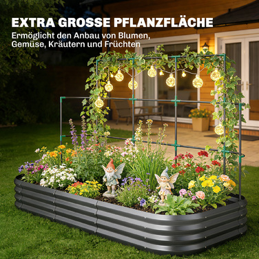 Підвищене грядка з шпалерою, металевий ящик для рослин з захисним бордюром та рукавичками, 220 x 110 x 150 см, темно-сірий