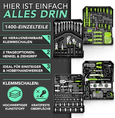 Набір інструментів TRESKO 1400 предметів у кейсі: професійний валіза з інструментами з Cr-V сталі (зелений)