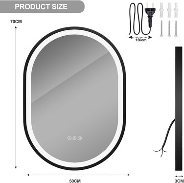 Дзеркало для ванної кімнати ChillCruiser з LED-підсвічуванням 50 см, кругле, з чорною рамою, антизапотівання, 3 кольори, функція Memory