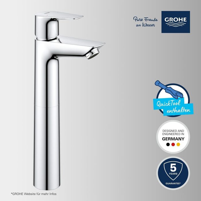 Змішувач для умивальника GROHE StartEdge, економічний, з холодною водою в середній позиції, 15 см, з поп-ап зливом, інструмент 3-в-1, проста установка (хром, XL, Push-Open)