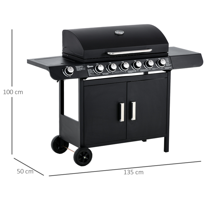 Газовий гриль Outsunny BBQ на коліщатках з 6 пальниками, 1 бічним пальником, шафкою, багатофункціональний, металевий, чорний, 135 x 50 x 100 см | Aosom