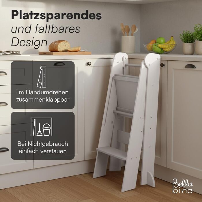 Bellabino Tay – Навчальний столик-лесенка для дітей від 1 року, білий, регульований, з захистом від перекидання, Монтессорі, з берези