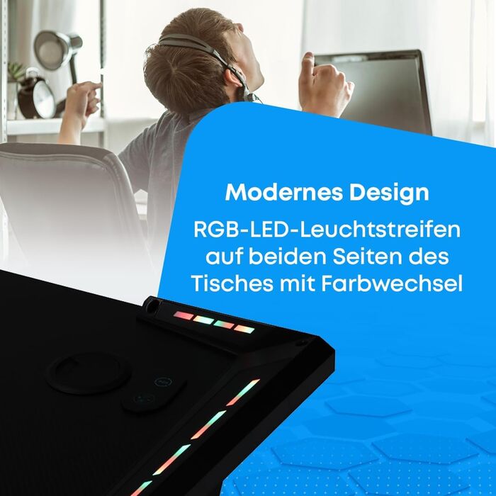 Ігровий стіл NK з LED-підсвічуванням (120x60 см) - з тримачем для напоїв та пляшок, тримачем для навушників, кабельною організацією, стільниця 1.5 см, вантажопідйомність 100 кг, рожевий