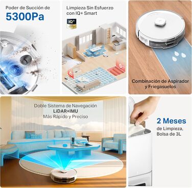 Робот-пилосос Tapo RV30 Max Plus з функцією миття та автоматичною станцією самостійного очищення, 5300Pa, LiDAR+IMU, голосове керування Alexa & Google Assistant, білий