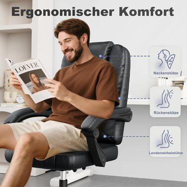 Офісний стіл Naspaulro Ergonomischer Bürostuhl з регульованою висотою та високою спинкою, м'яке сидіння, поворотний крісло з бавовняно-льняної тканини, коліщата, для роботи (чорний, шкіра)