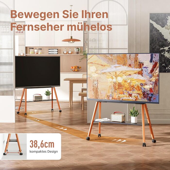 Підставка для телевізора ECOTINY на колесах для 49-75 дюймів, до 40 кг, Easel Design, металева конструкція з дерев'яною полицею, білий (чорний)