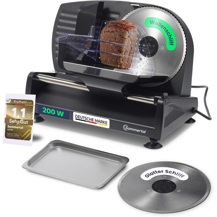 Електрична швейцарська машина для нарізання Allesschneider AS190 DUAL 200W з нержавіючої сталі з хвилястим та гладким лезом, компактна, професійна, для нарізання хліба та інших продуктів, регулювання 0-15 мм