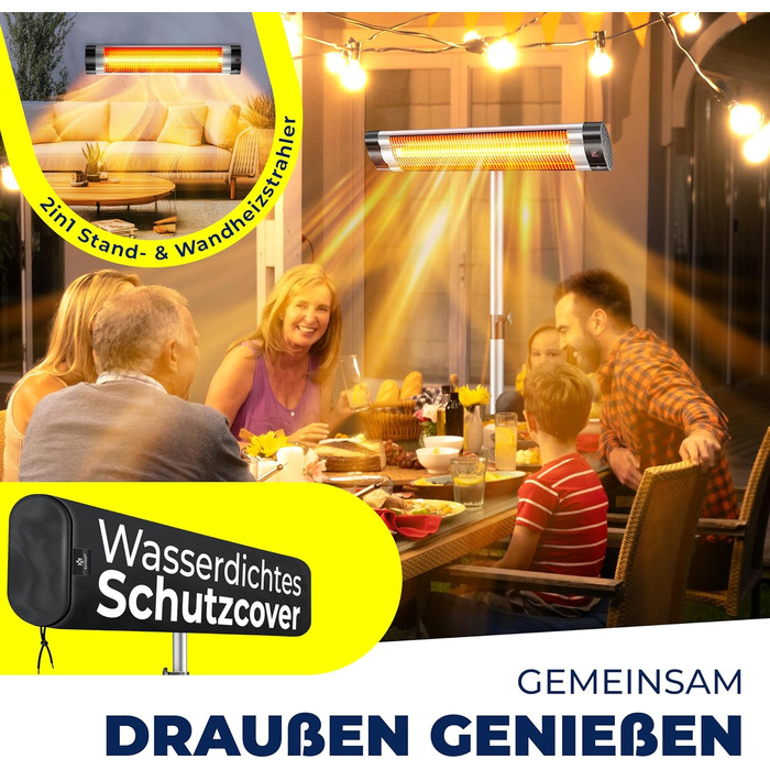 Інфрачервовий обігрівач KESSER® 2500W з пультом дистанційного керування та захисним чохлом, телескопічна стійка, для тераси, кварцовий нагрівач, срібний