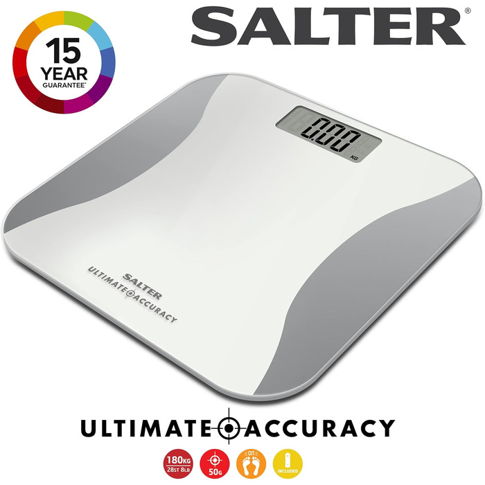 Цифрові ваги для ванної кімнати Salter 9073 WH3R - з аналізом жиру, РК-дисплей, електронні скляні ваги з високою точністю, крок 50 г, крок, килимові ніжки в комплекті, 180 кг, (білий/сірий)