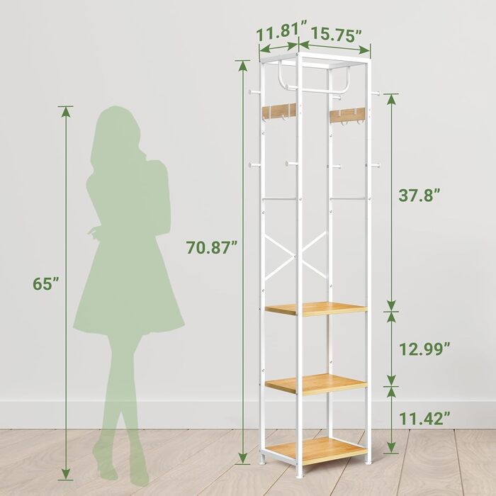 Підставка для одягу ELYKEN: вільна, з 3 полицями та 12 гачками, для прихожей, спальні, офісу. Органайзер для шапок, пальто, шарфів. Натуральне дерево