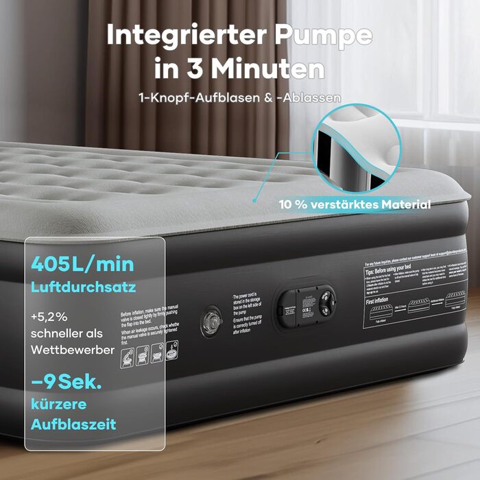 Надувний матрац OlarHike для кемпінгу та дому - 203 x 152 x 46 см, чорний, на 2 особи, XL