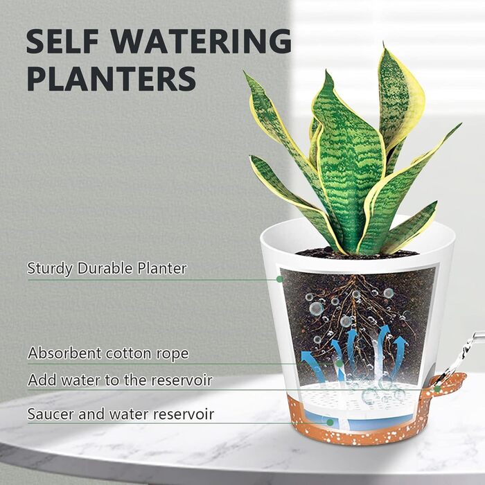 5 шт. пластикові горщики для квітів з системою поливу, 17.8/16.5/15.2/13.9/12.7 см. Самополивні кашпо з підставкою, круглі горщики для квітів, сукулентів, кактусів, кімнатних рослин, балкона та саду, зелені (білий, коричневий)