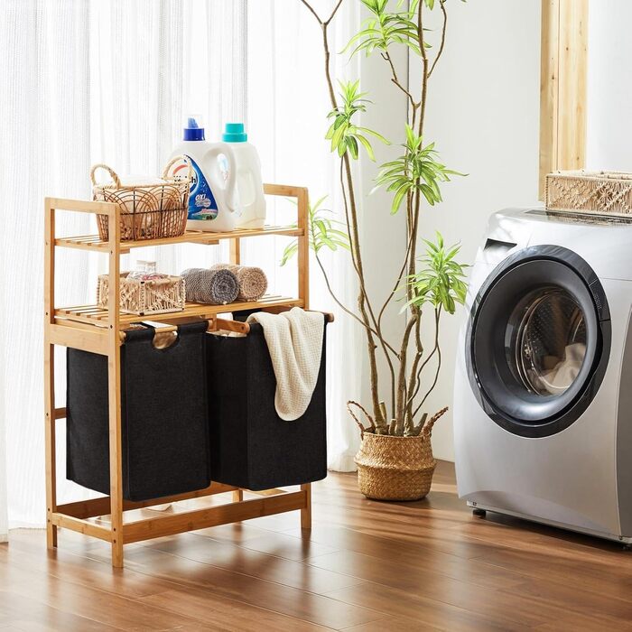 Кошик для білизни Youdenova з бамбукового каркасу, 2 відділення, 2 мішки для білизни, 93x64x33 см, 70 л, чорний