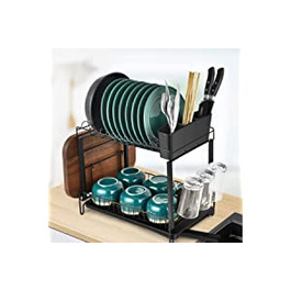 Сушарка для посуду aceyoon, 2-поверхова сушарка для посуду з ящиком для столових приладів, піддонами для збору крапель, підстаканниками і обробними столами