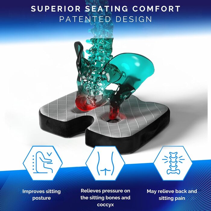 Ортопедична подушка для сидіння: офіс, авто та ін. З Memory Foam, для полегшення навантаження на куприк та сідничні кістки (Soft, 45-70 кг)