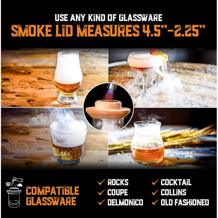 Набір для копчення віскі з факелом та сиропом у ретро-стилі – 8 смаків дерев'яної стружки – подарунок для чоловіків Bourbon, набір для копчення коктейлів – кришка з дубової деревини з США (без бутану), стандартний набір з ліхтариком