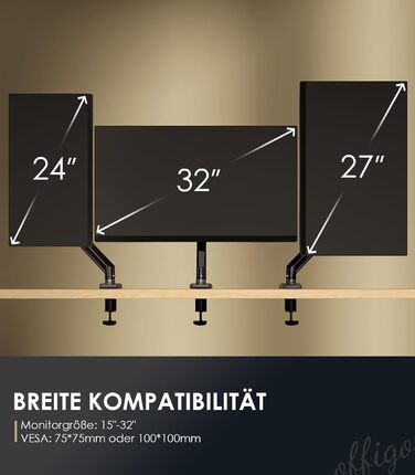 Кріплення для монітора OffiGo: підходить для моніторів 15-32 дюймів, вантажопідйомність до 9 кг, VESA 75/100 мм, чорний