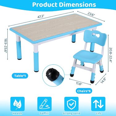 Дитячий стіл зі стільцями (6 шт.) - комплект для дитячого садка та кімнати, регульована висота, пластикові меблі, сидіння для хлопчиків та дівчаток (блакитний)