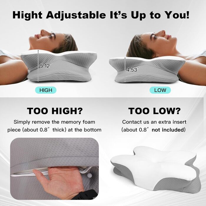 Ортопедична подушка для шиї Enighs, Memory Foam, для сну на боці, спині та животі, з охолоджувальною наволочкою (63*35*13/10 см, біло-сірий)