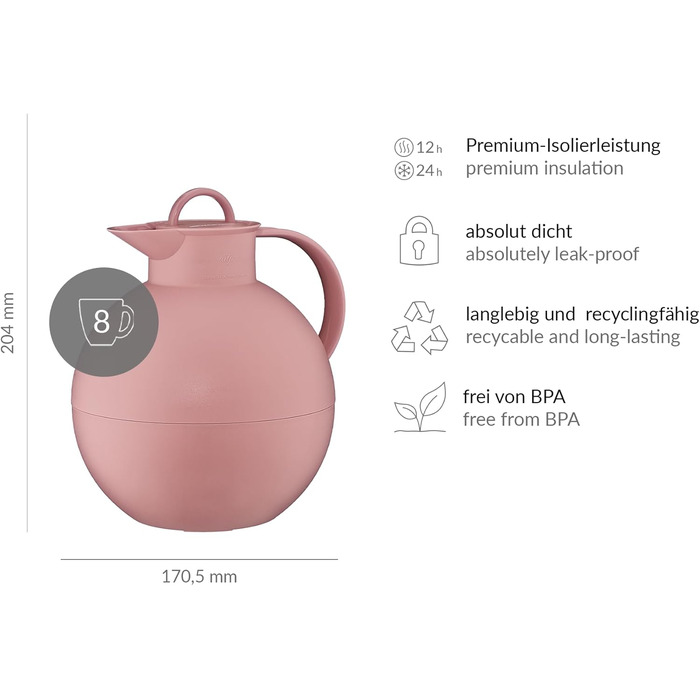 Термос Alfi Kugel 0.94л, 940 мл, Ash Rose - термоізоляційна керамічна колба, поворотний замок, дизайнерський, BPA-free