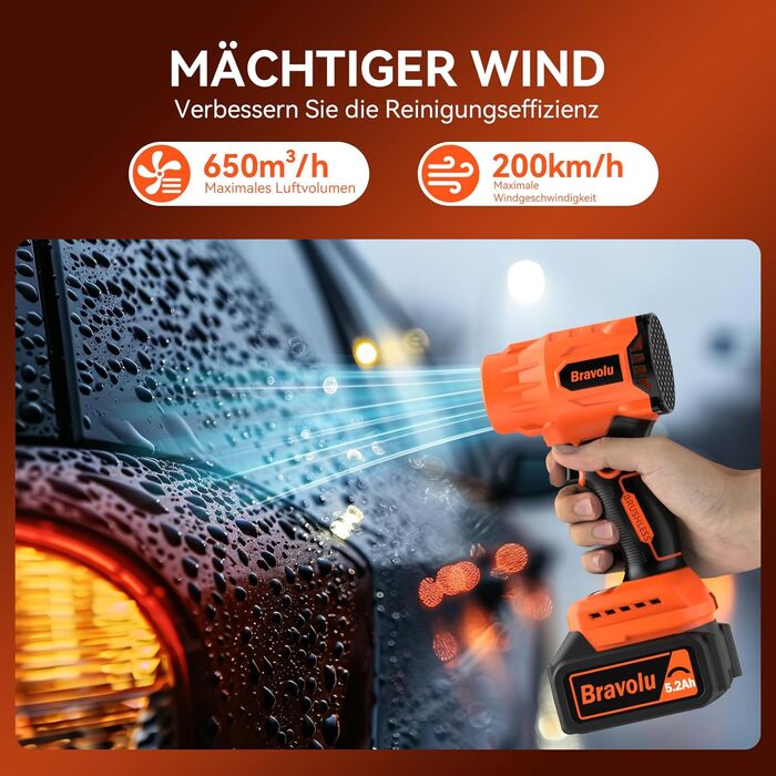 Акумуляторний повітродувач Bravolu 21V, 210 км/год, 4.0 Ah, 6 швидкостей (5200mAh)