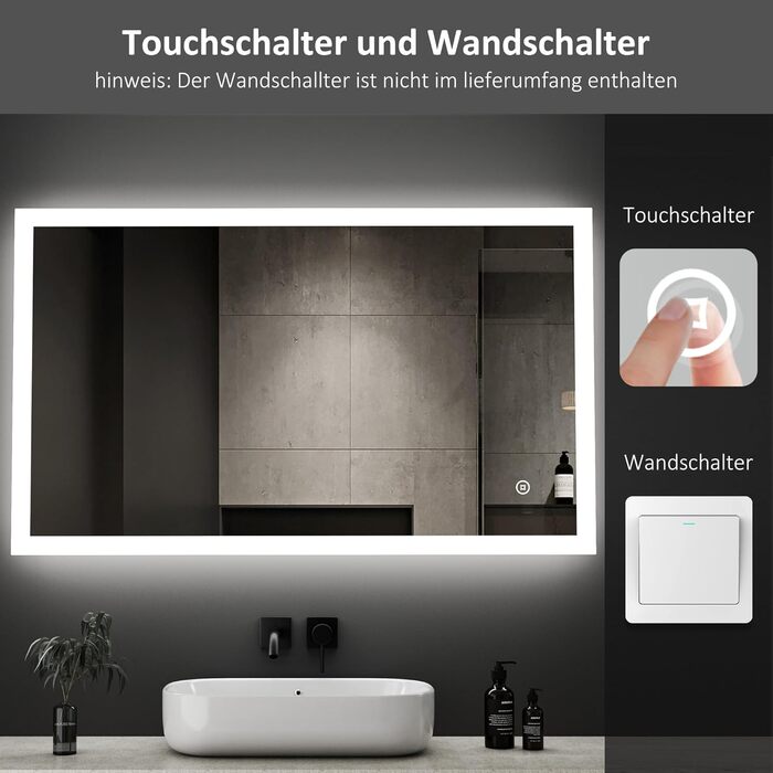 LED дзеркало для ванної кімнати Boromal 100x60 см з підсвічуванням, 3 кольори світла, диммування, сенсорне управління