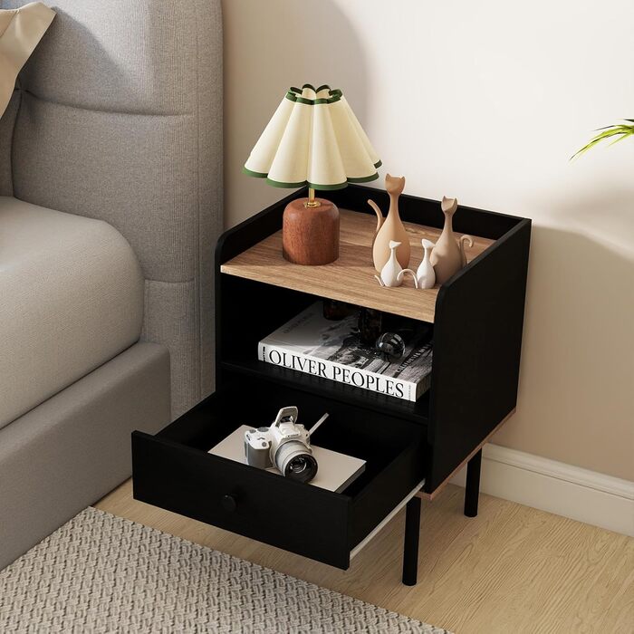 COSTWAY Набір з 2 тумбочок до ліжка, приліжкові столики з шухлядою та відкритою полицею, металеві ніжки, чорний колір, 40,5 x 35 x 56 см