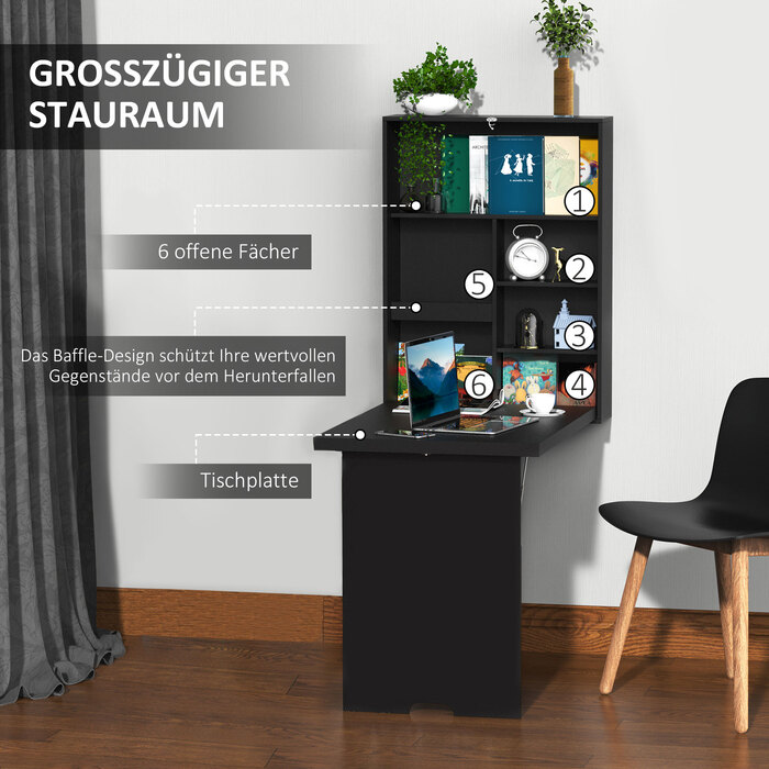 Стіл-трансформер HOMCOM для стіни з дощечкою, 60 x 94,5 x 147 см, чорний