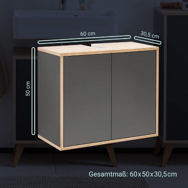 Тумба під раковину FACKELMANN Finn, коричневий світлий, 60 см, ретро стиль, Push-to-Open, без ручок, Made in Germany (Антрацит, тумба + раковина)
