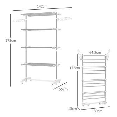Зручна мобільна сушарка для білизни на коліщатках, з 4 рівнями, складана, з нержавіючої сталі, стійка до корозії, біло-срібна, розмір 142 x 55 x 172 см