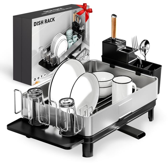 Сушарка для посуду Ewaiira з нержавіючої сталі, чорна, 1 ярус, з обертовим краном 360° та тримачем для столових приладів