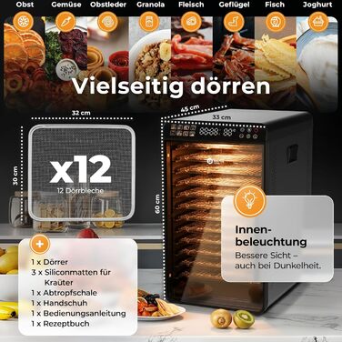 Електрична сушарка для фруктів та овочів Balter з нержавіючої сталі, 12 ярусів, 1100 Вт, 70 л об'єм, 12000 см² поверхня сушіння, BPA-free, 35–75 °C, таймер до 72 год