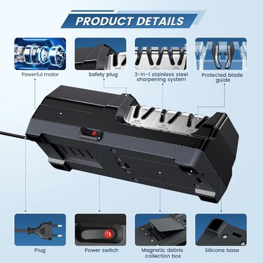Електричний точило для ножів MusyVocay з алмазним покриттям, професійне 3-ступеневе, кухонне точило з регулюванням кута 20 градусів для грубого шліфування та відновлення леза (чорний)