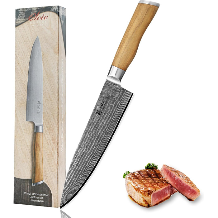 Ніж кухарський Wakoli з дамаської сталі (серцевина VG10) з 20 см лезом – гострий та збалансований – ніж з ручкою з оливкового дерева в подарунковій коробці – ніж кухонний з дамаської сталі для професіоналів та поціновувачів