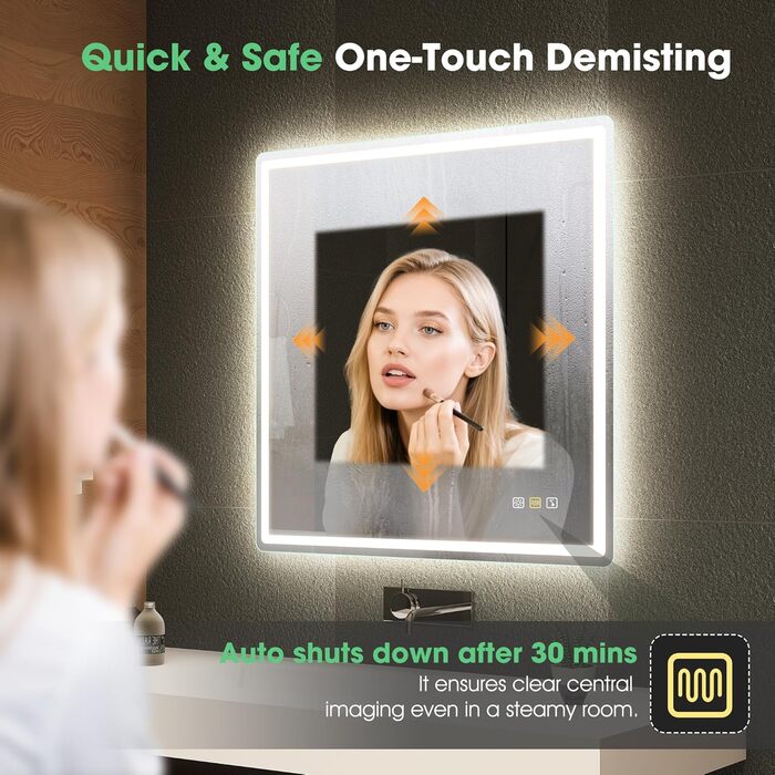 Дзеркало для ванної кімнати S'bagno з підсвічуванням Bluetooth, 100x70 см, LED, антизапар, регулювання кольору, пам'ять, HD скло, IP44, горизонтальне/вертикальне