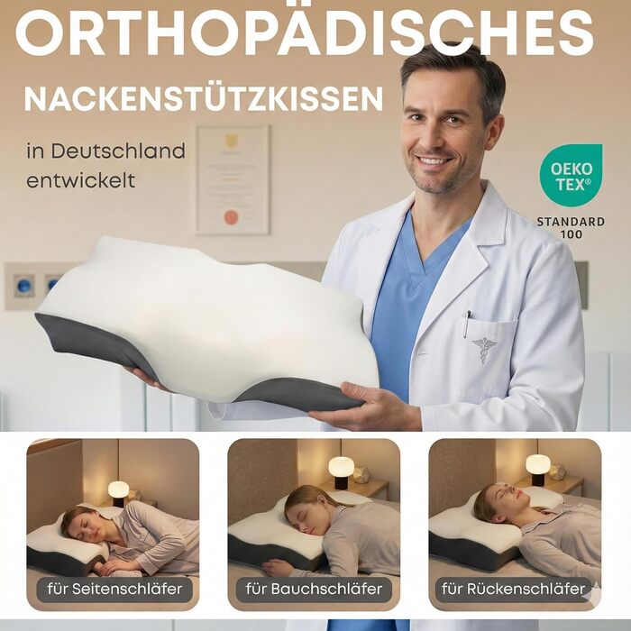 Ортопедична подушка для шиї sei Design з memory foam – підтримка шиї, Oeko-Tex®, охолоджуючий чохол з Lyocell, для тих, хто спить на спині та на боці (Relax Flow)