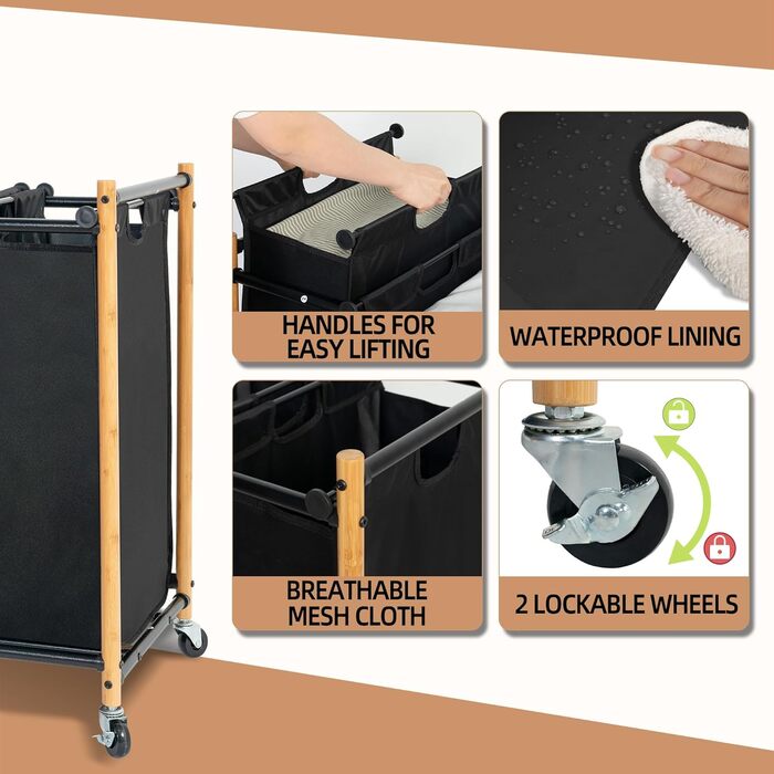 Сортувальник для білизни Storage Maniac з 3 відділеннями, 136 л, з міцними колесами, знімні кишені, бамбук