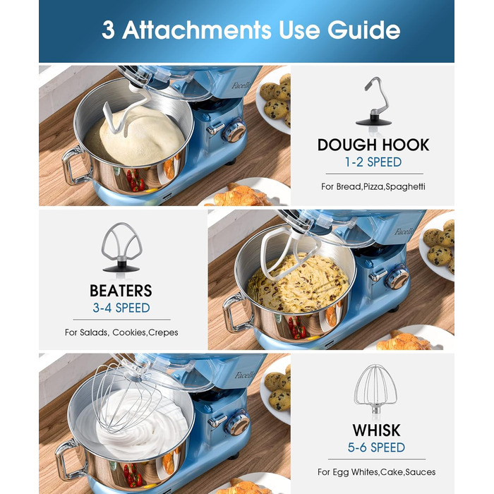Кухонна машина Facelle 1500W з нержавіючою чашею 6.2L, 6 швидкостей, комплект насадок (блакитна)