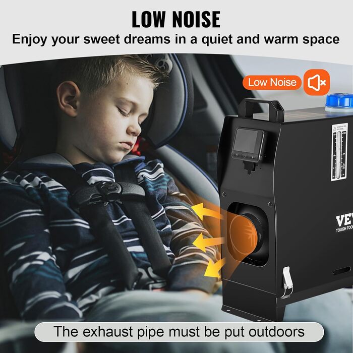 Дизельний обігрівач VEVOR 8 кВт, 12/24V, портативний, з Bluetooth, пультом та LCD-екраном, 5л бак для вантажівок/автобусів/кемперів (чорний)