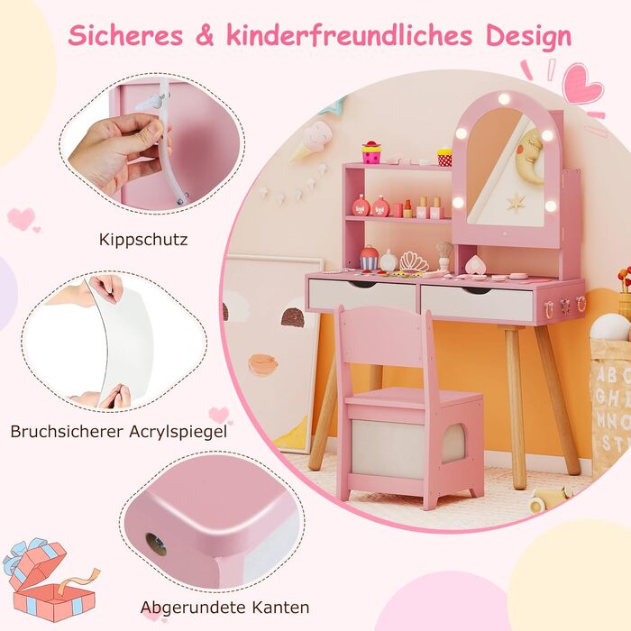 Детський туалетний столик COSTWAY 2-в-1 зі стільчиком та дзеркалом, з LED-підсвіткою, 2 шухляди, для дівчаток 3-7 років (Рожевий)